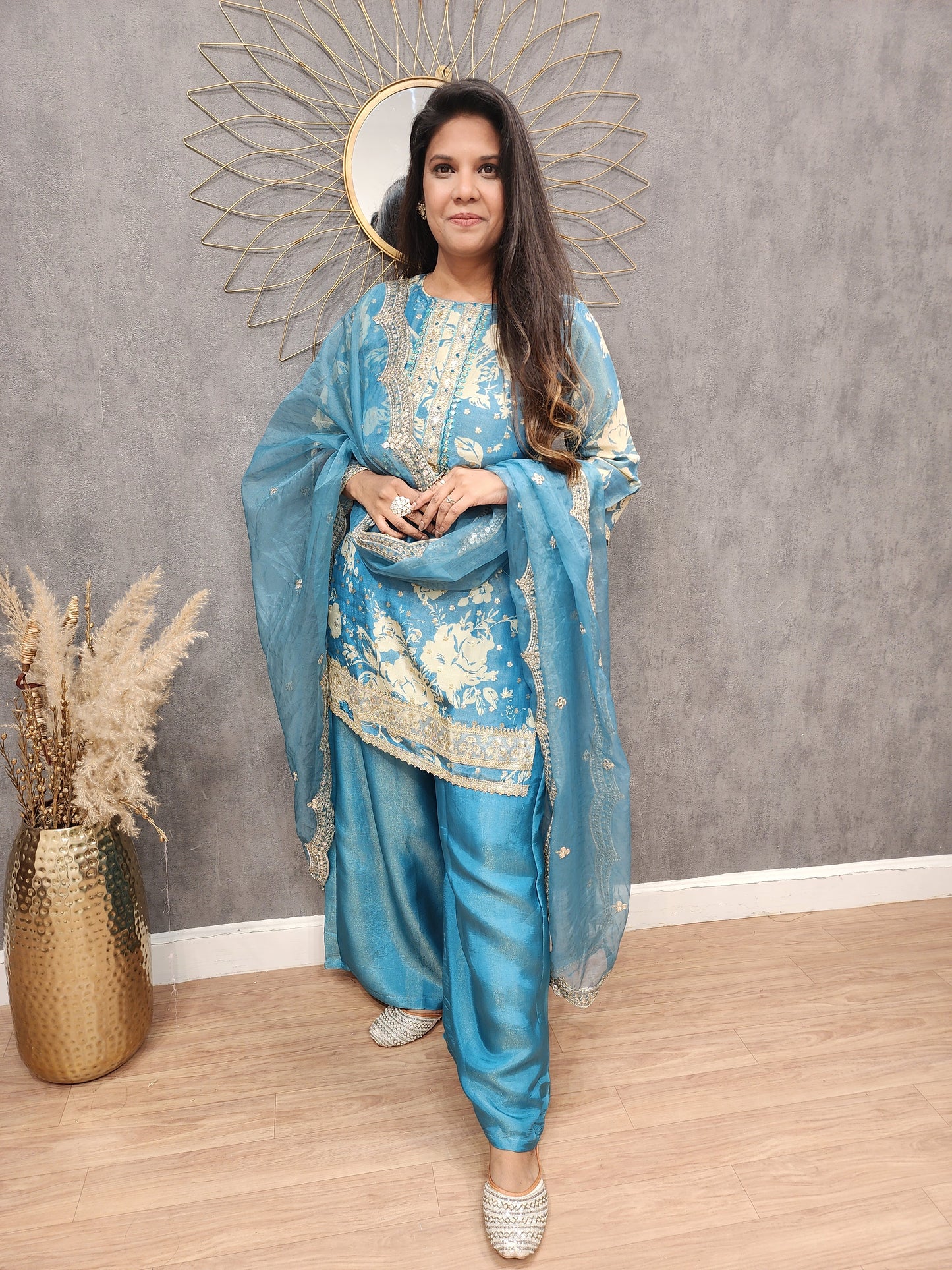 Zoya Ice blue 3piece plazo tissue suit