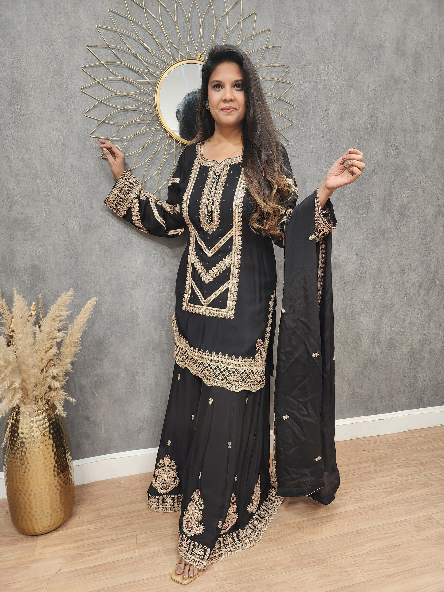 Black Embroidered straight sharara suit