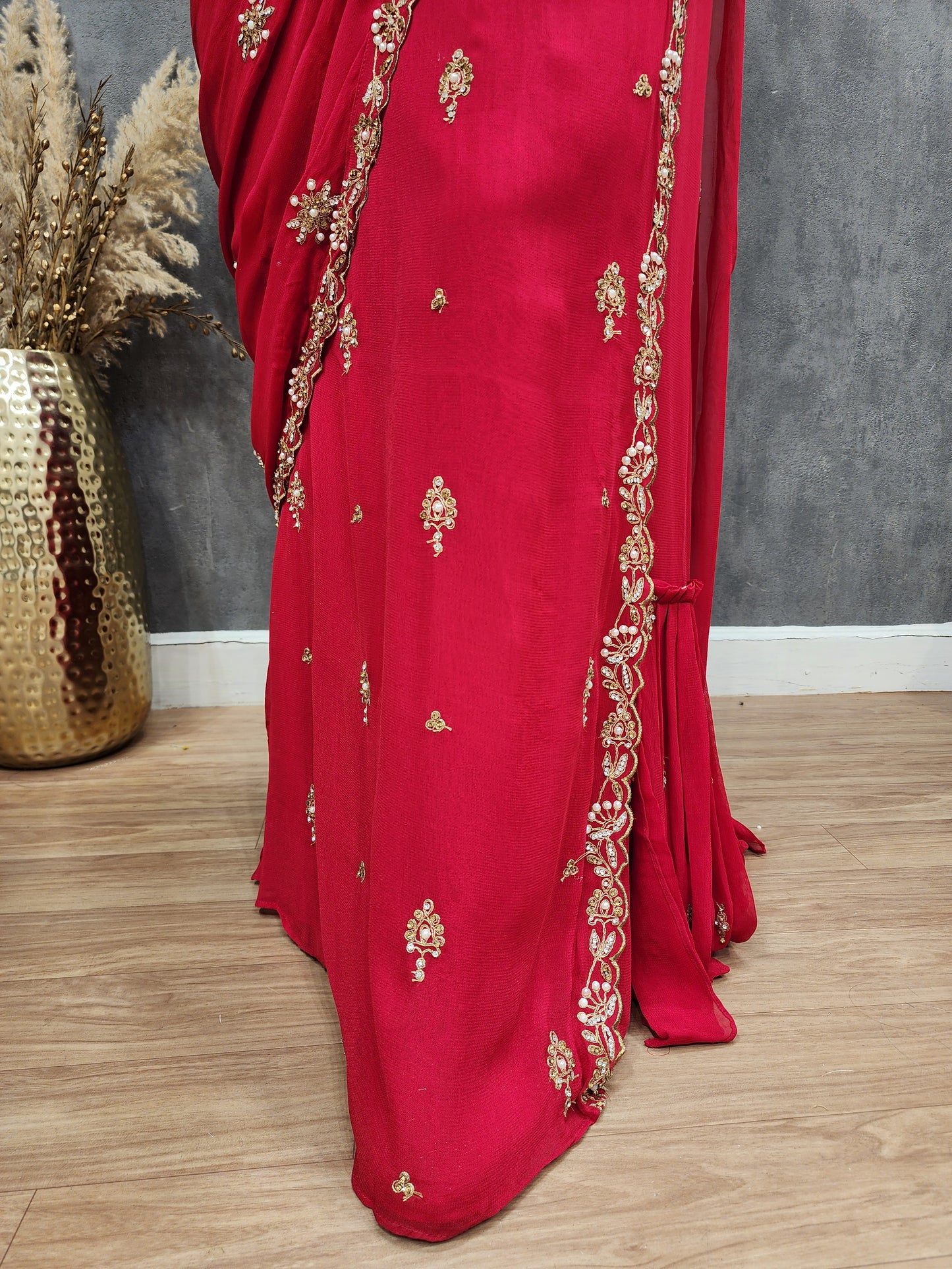 Meher Cherry red Embroided drape saree