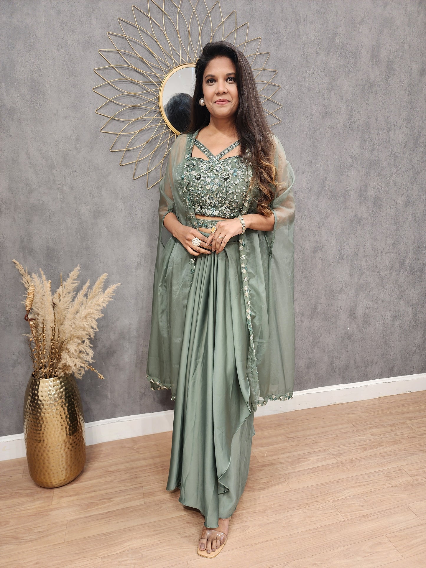 Dilkash Metallick green 3pc cape cowl indowestern dress