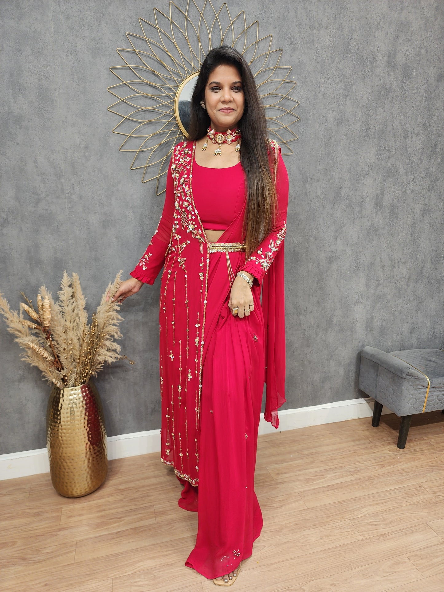 Meher Cherry Embroided drape saree with necklace