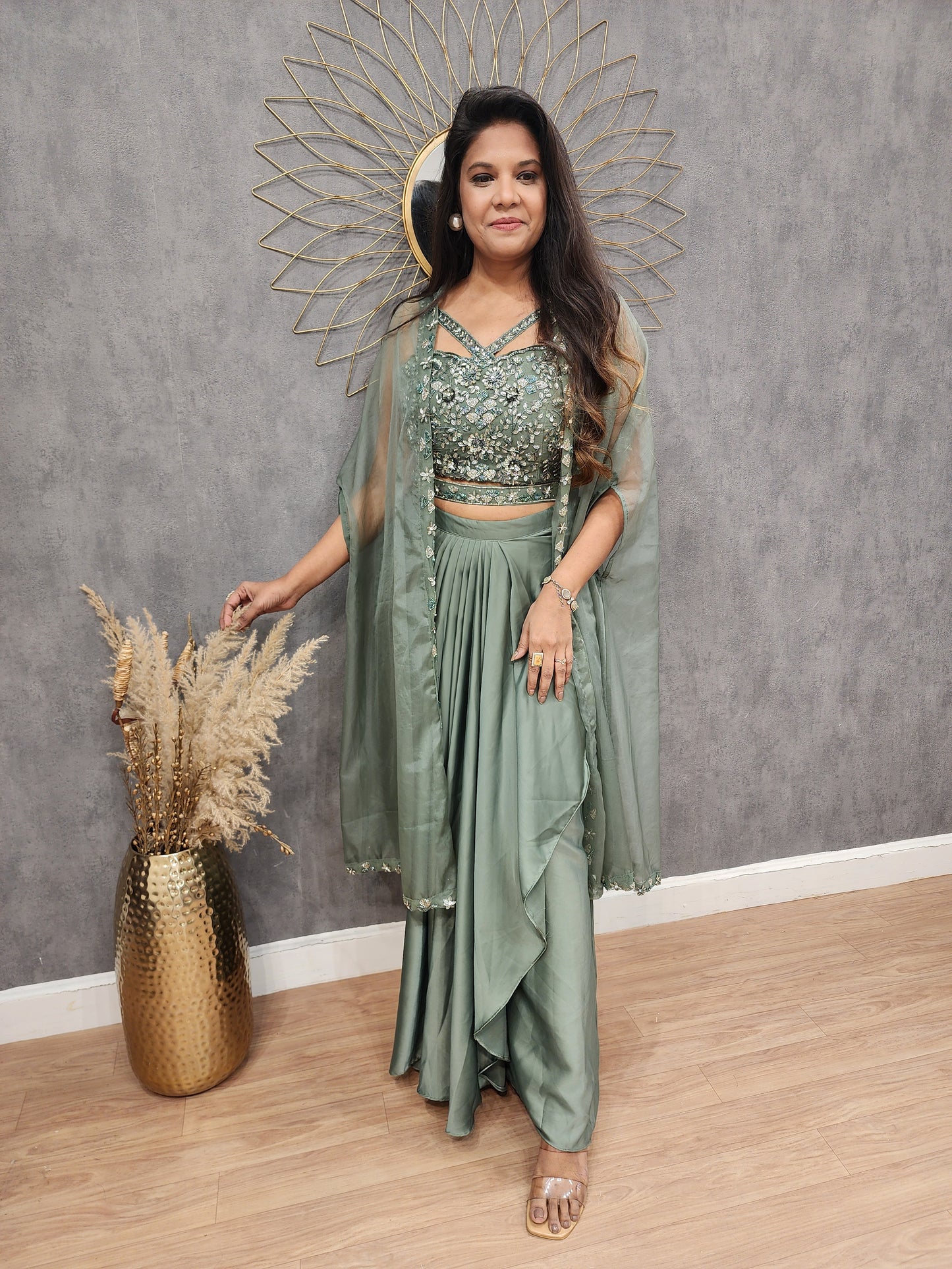 Dilkash Metallick green 3pc cape cowl indowestern dress