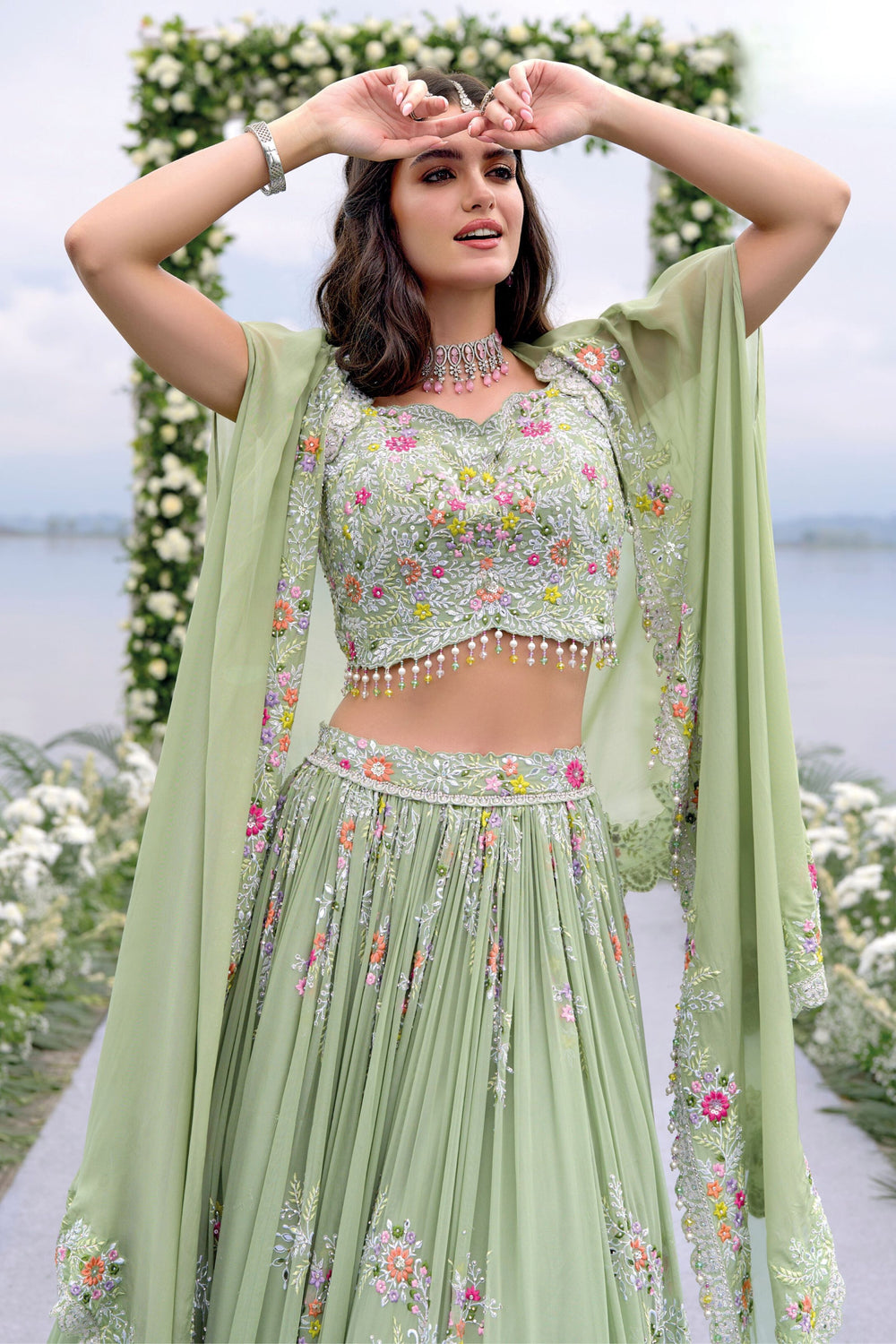 Pista green cape indowestern Embroided dress