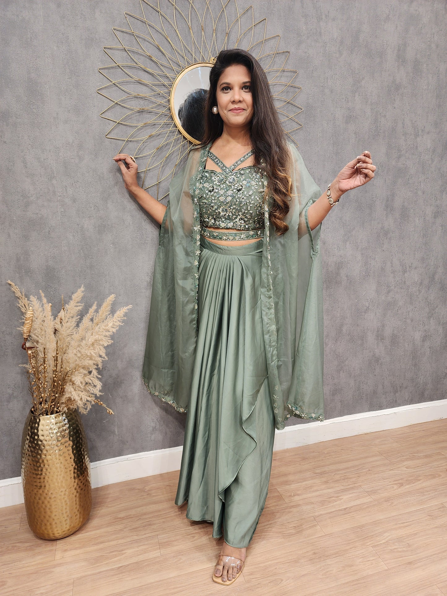 Dilkash Metallick green 3pc cape cowl indowestern dress