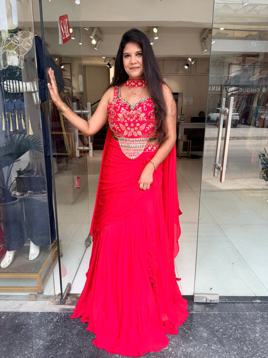Red chinon jewel work lehenga set