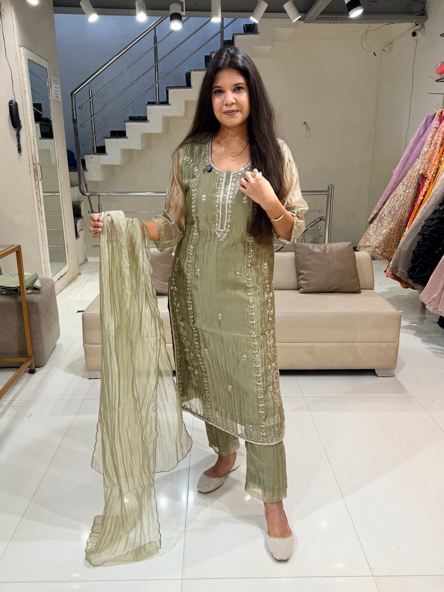 Glass tissue embelished straight suit