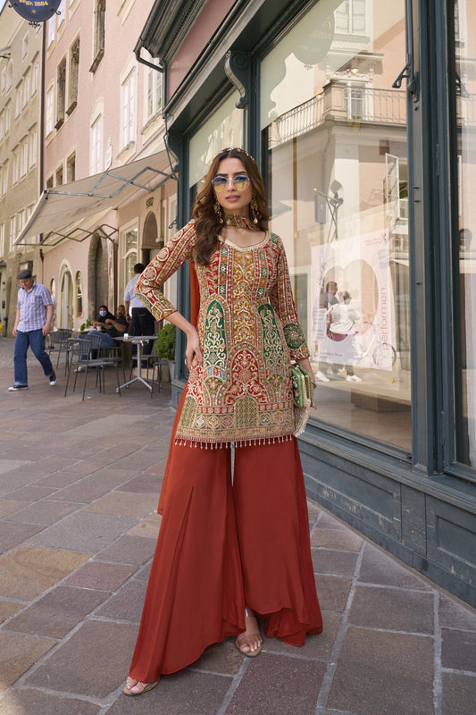 Keerat Embroided burnt orange sharara suit