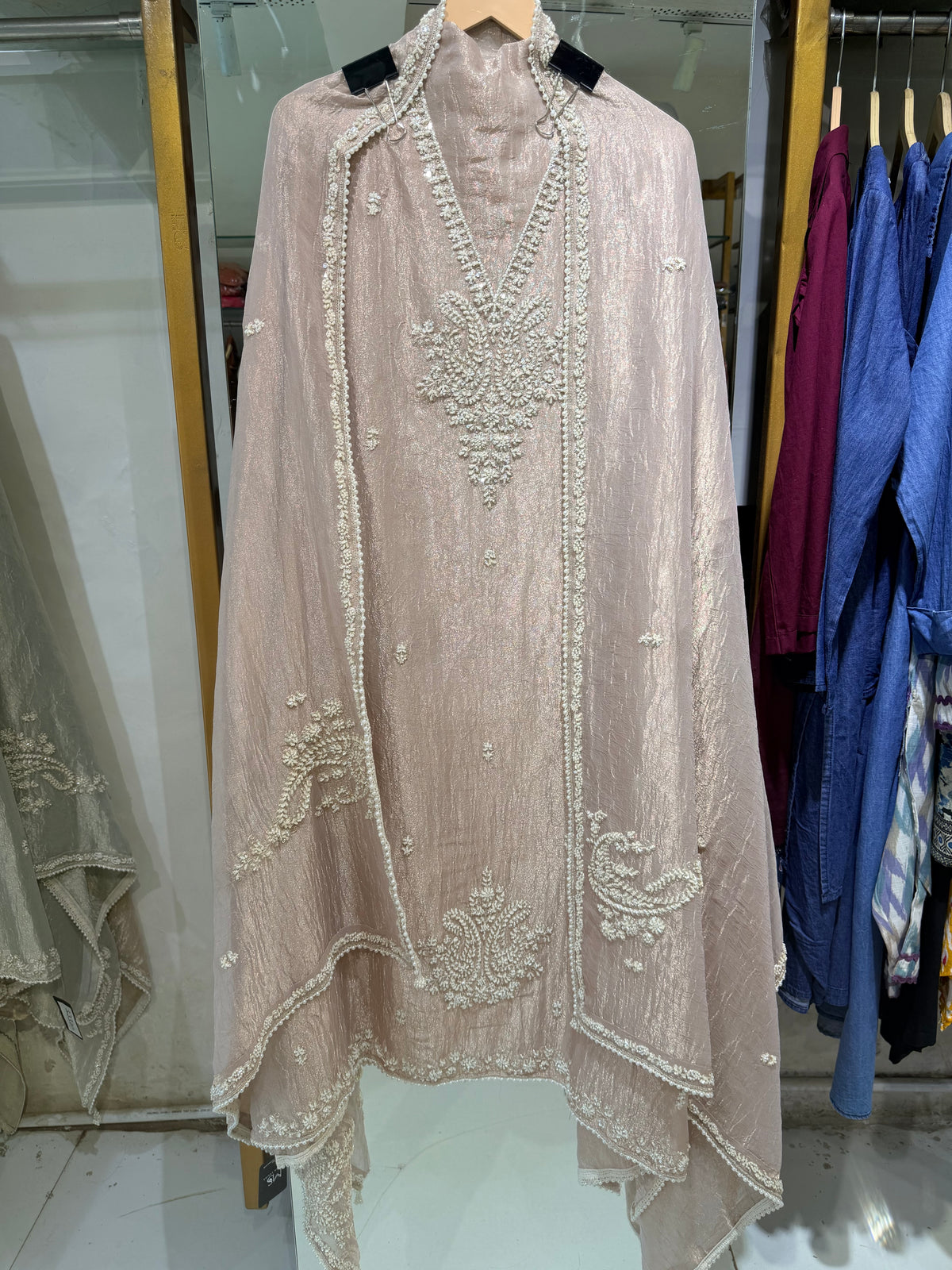 Tissue embellished unstitched suit