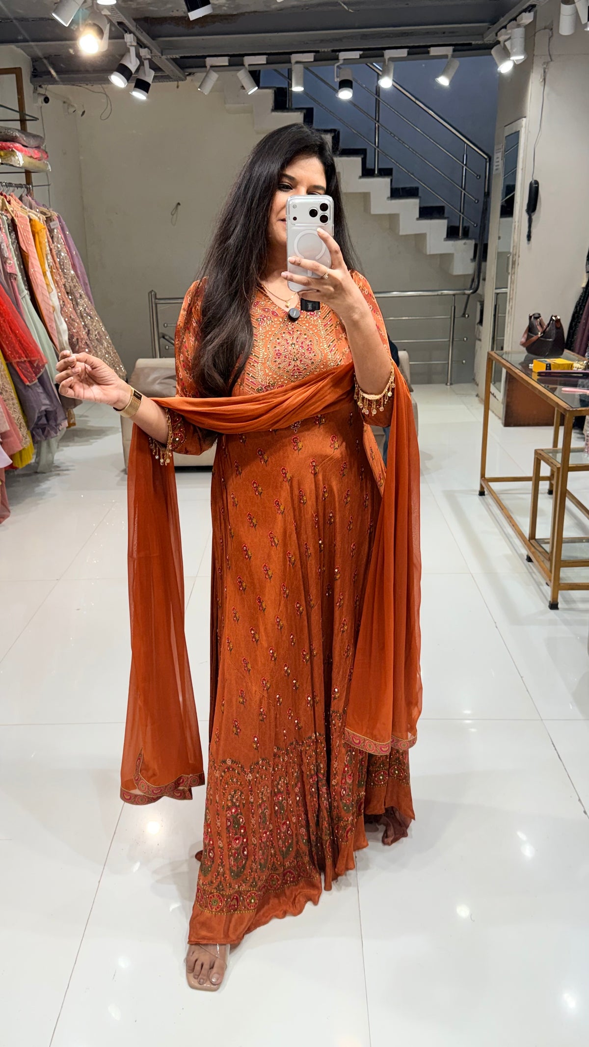 Burnt orange printed crepe maxi gown