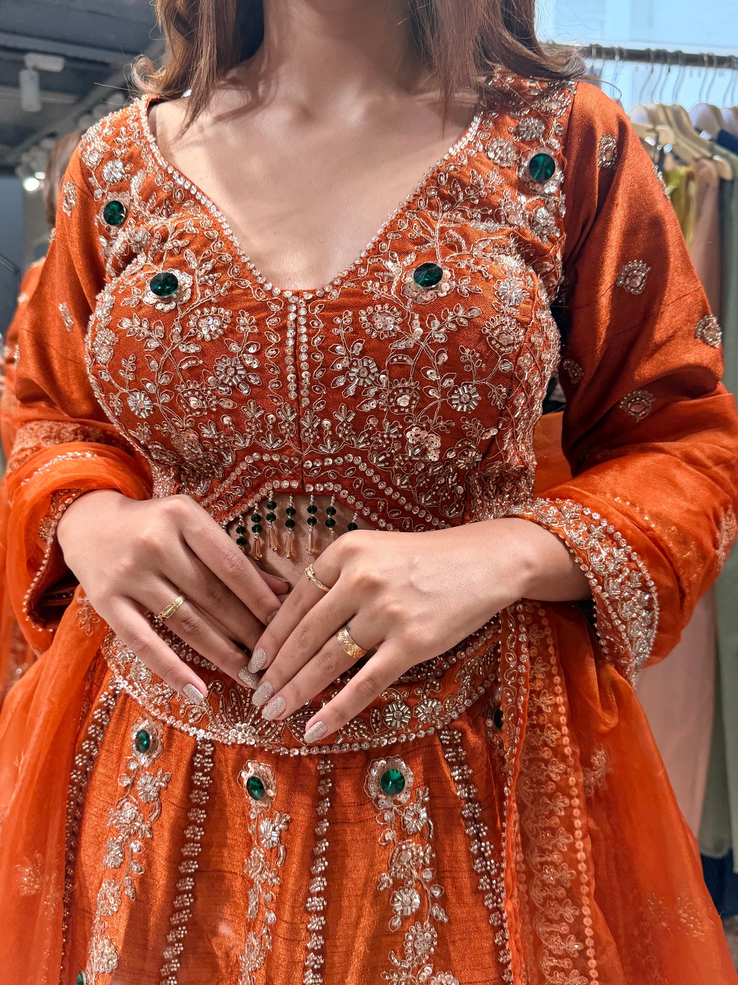 Jewel work raw silk lehenga set