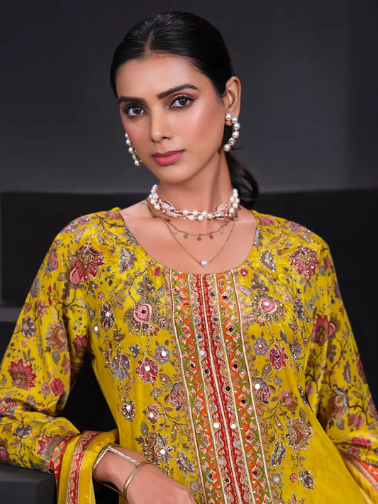 Alina Mustard yellow digital print suit set