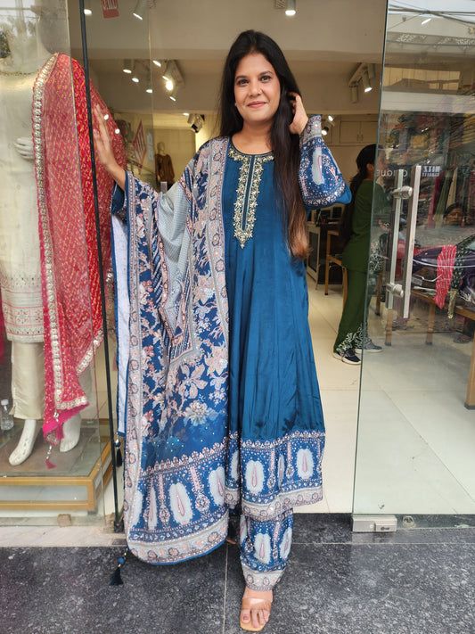 Teal blue digital print anarkali suit