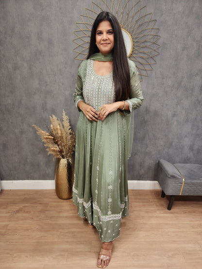 Meerab green long anarkali with pants