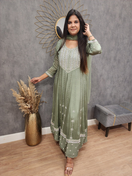 Meerab green long anarkali with pants