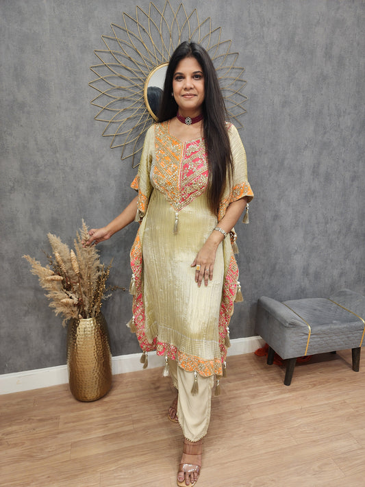 Mirror work crush tissue kaftaan suit