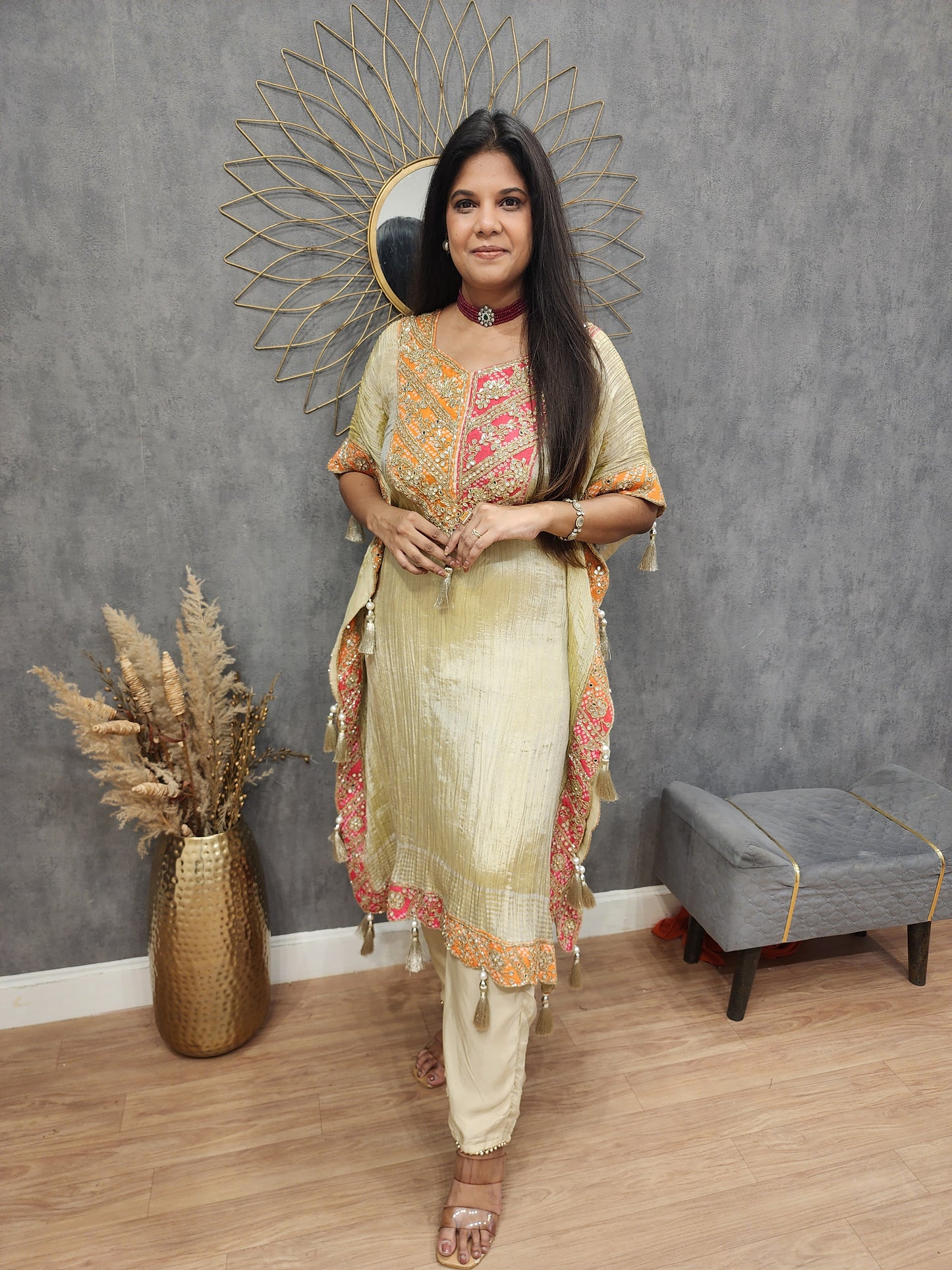 Mirror work crush tissue kaftaan suit