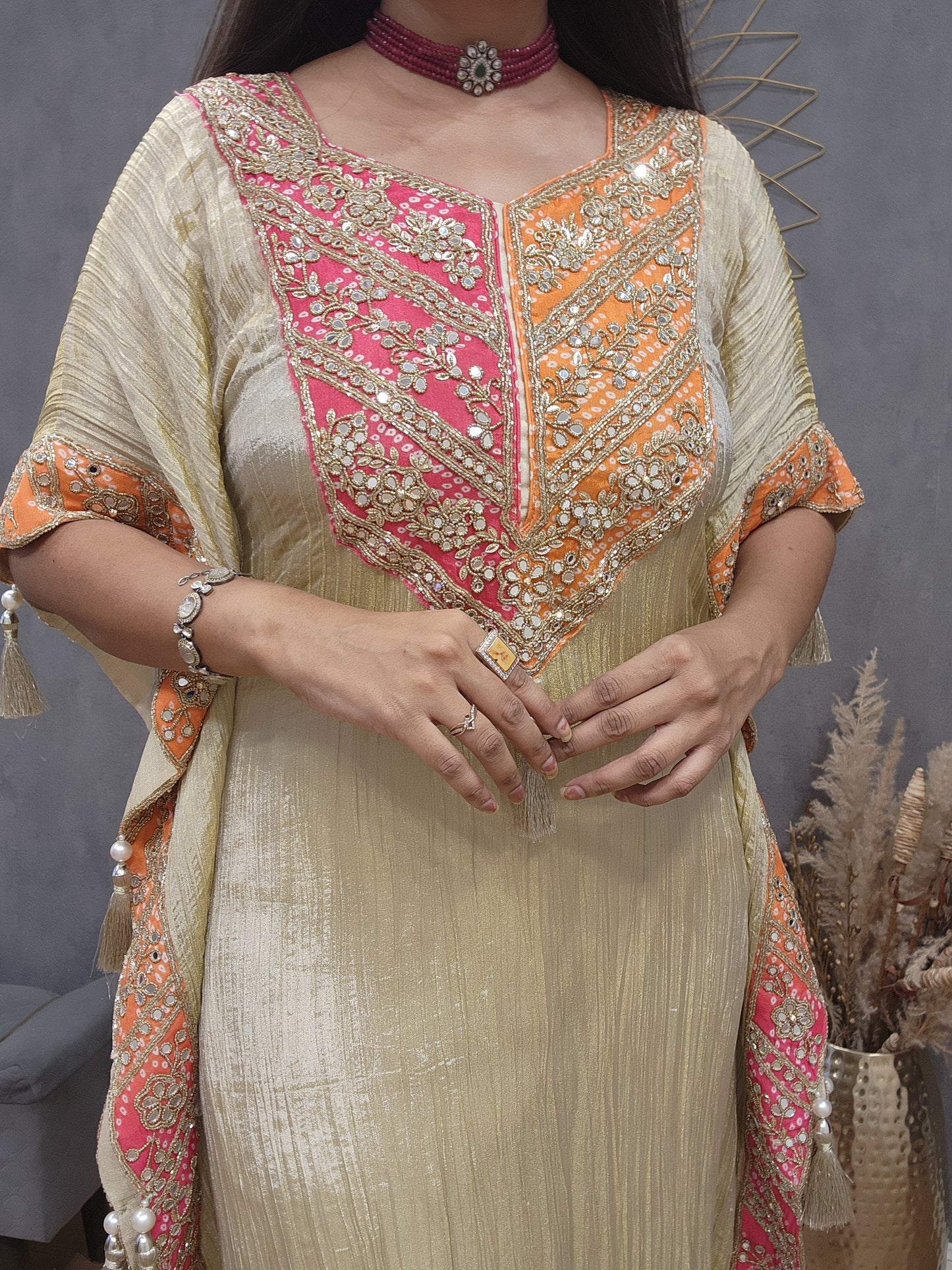 Mirror work crush tissue kaftaan suit