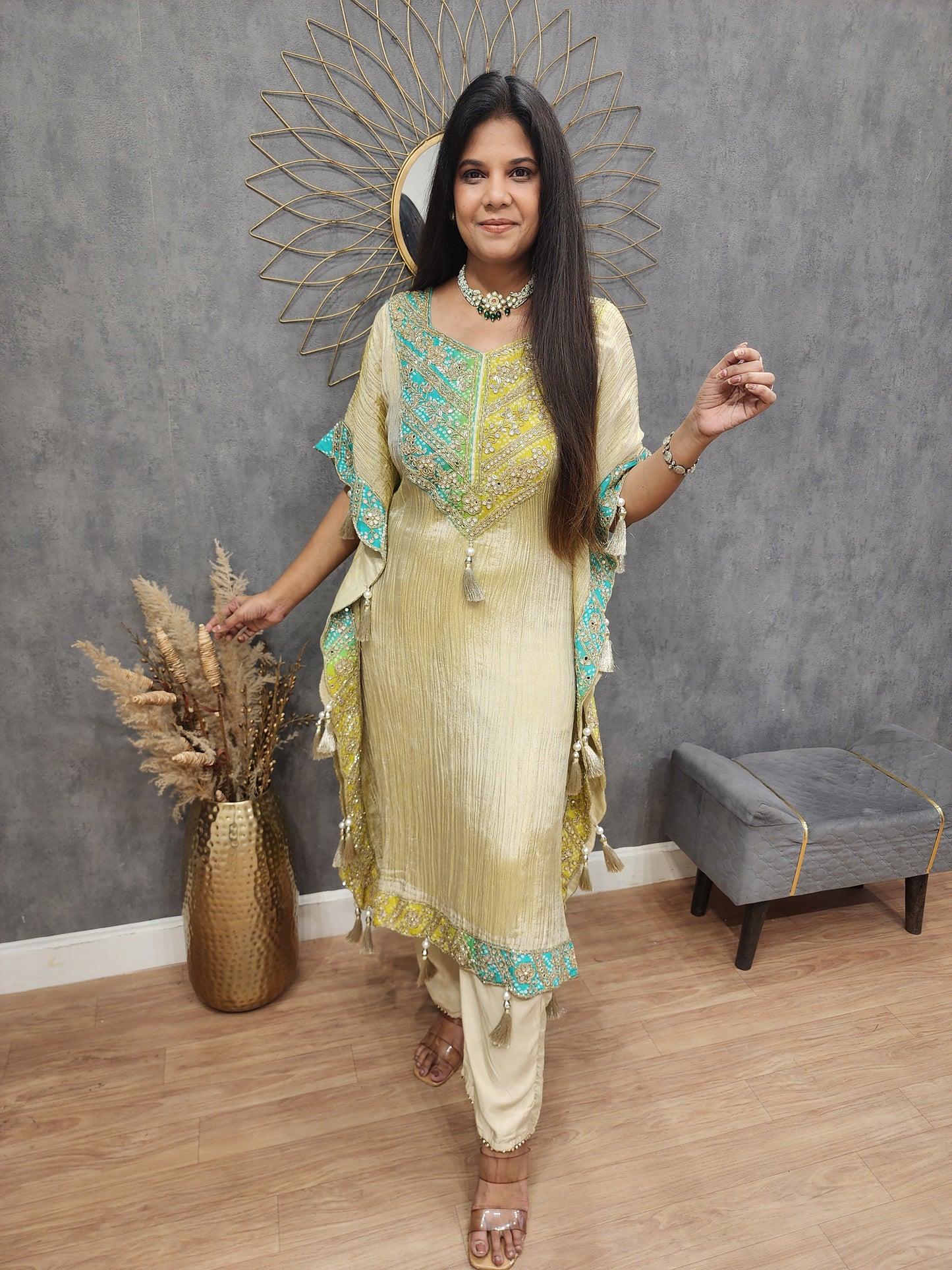 Mirror work crush tissue kaftan suit