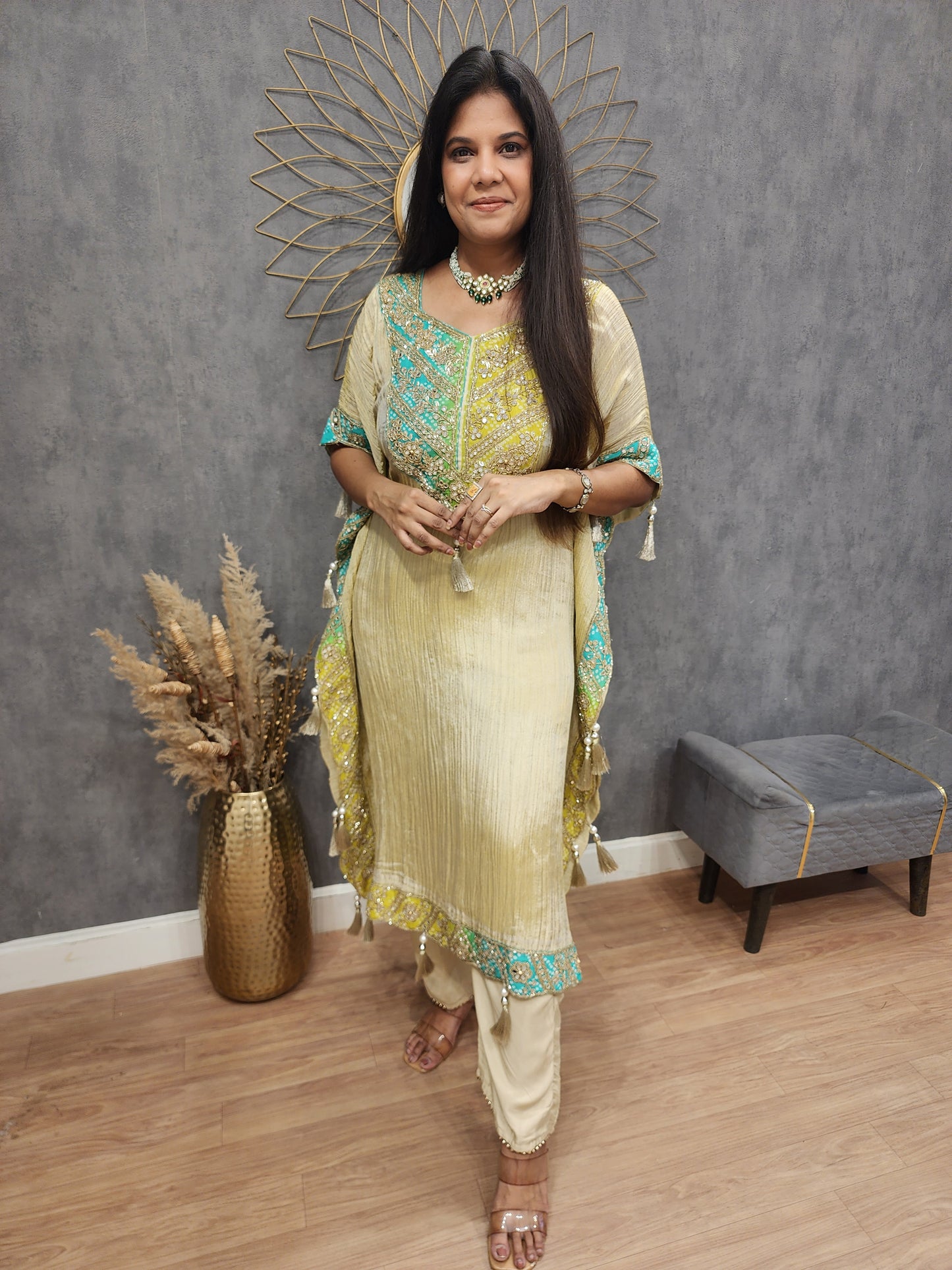 Mirror work crush tissue kaftan suit