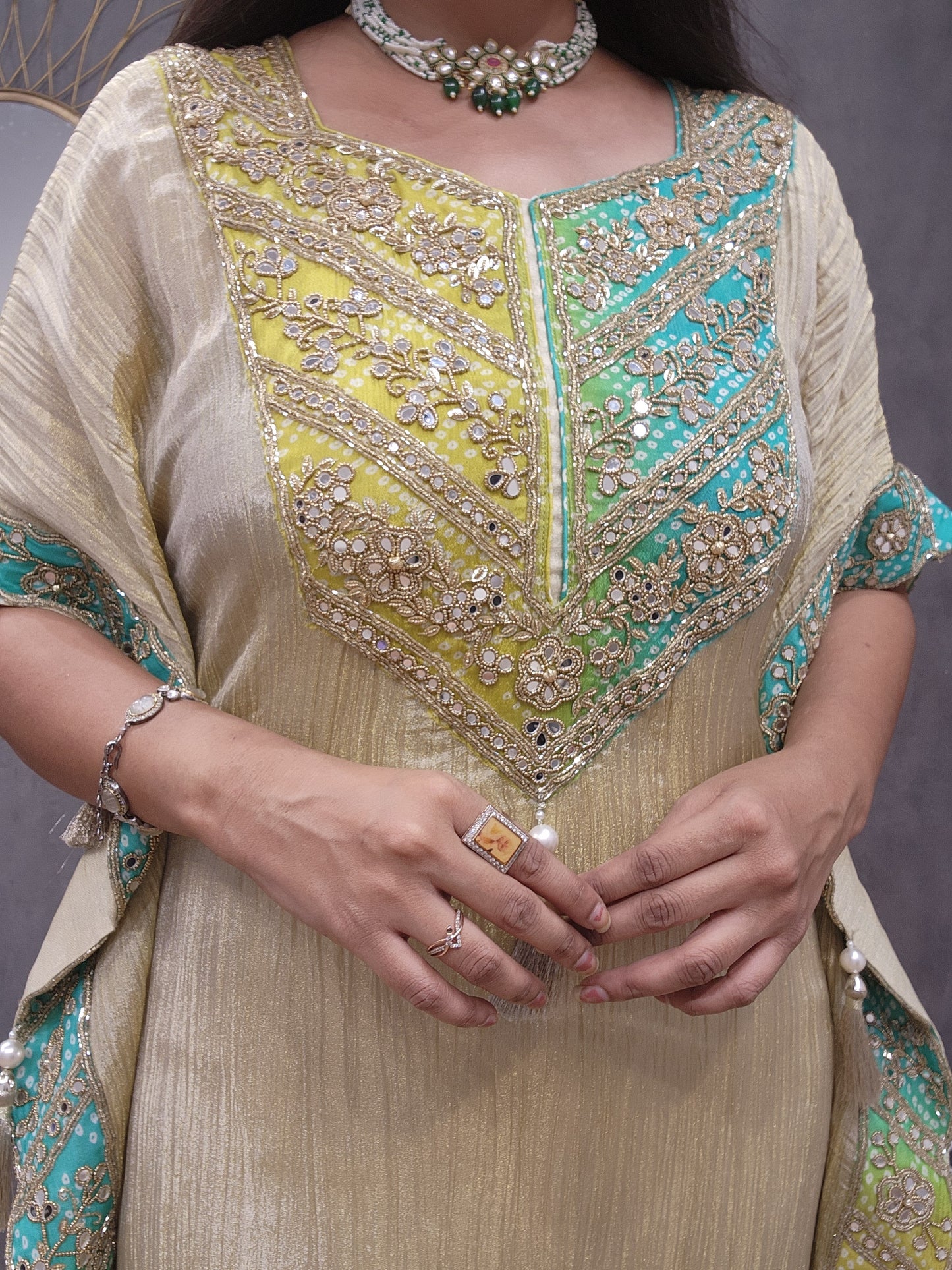 Mirror work crush tissue kaftan suit