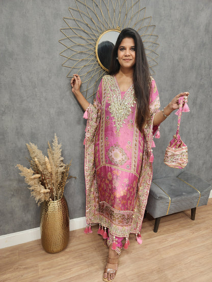 Sheesh Pink kaftaan with tulip and potli