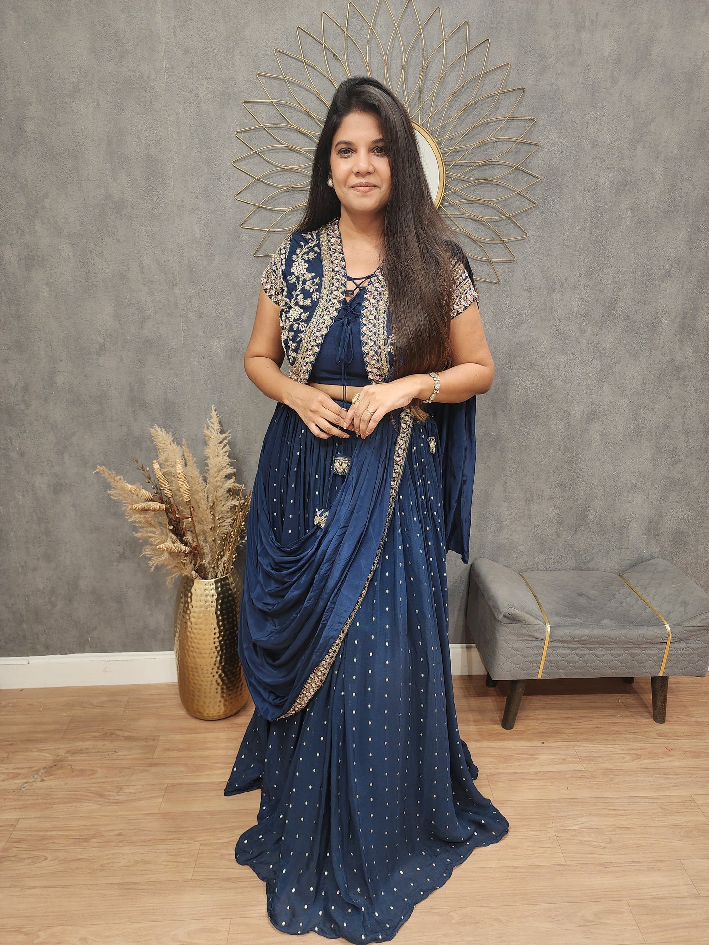 Sia Short jacket blue drape lehenga