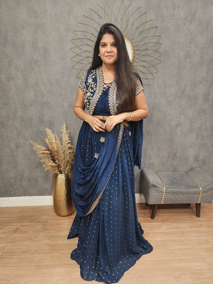 Sia Short jacket blue drape lehenga