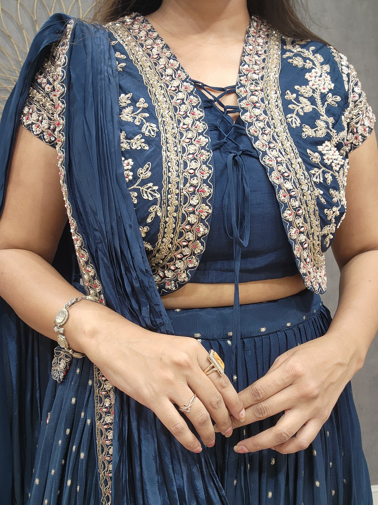 Sia Short jacket blue drape lehenga