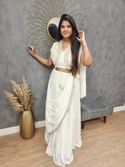 Sia off white short koti drape lehenga