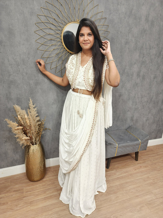 Sia off white short koti drape lehenga