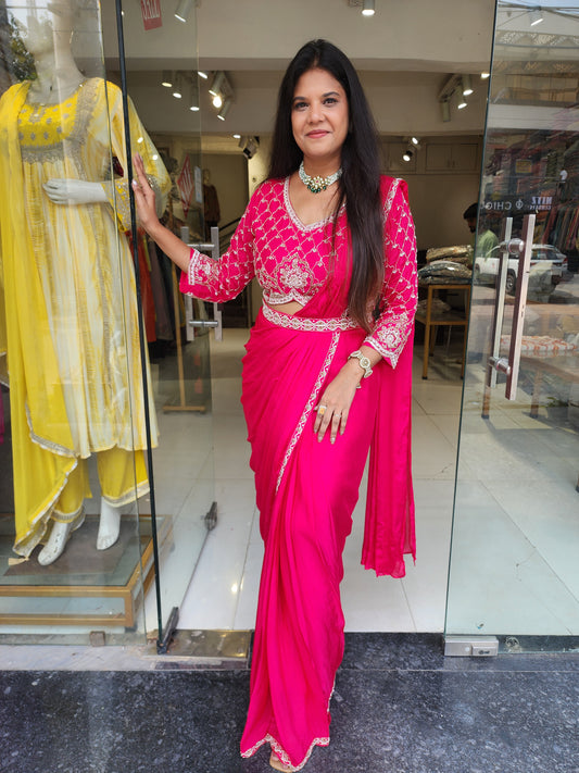 Hotpink drape Embroided saree with belt