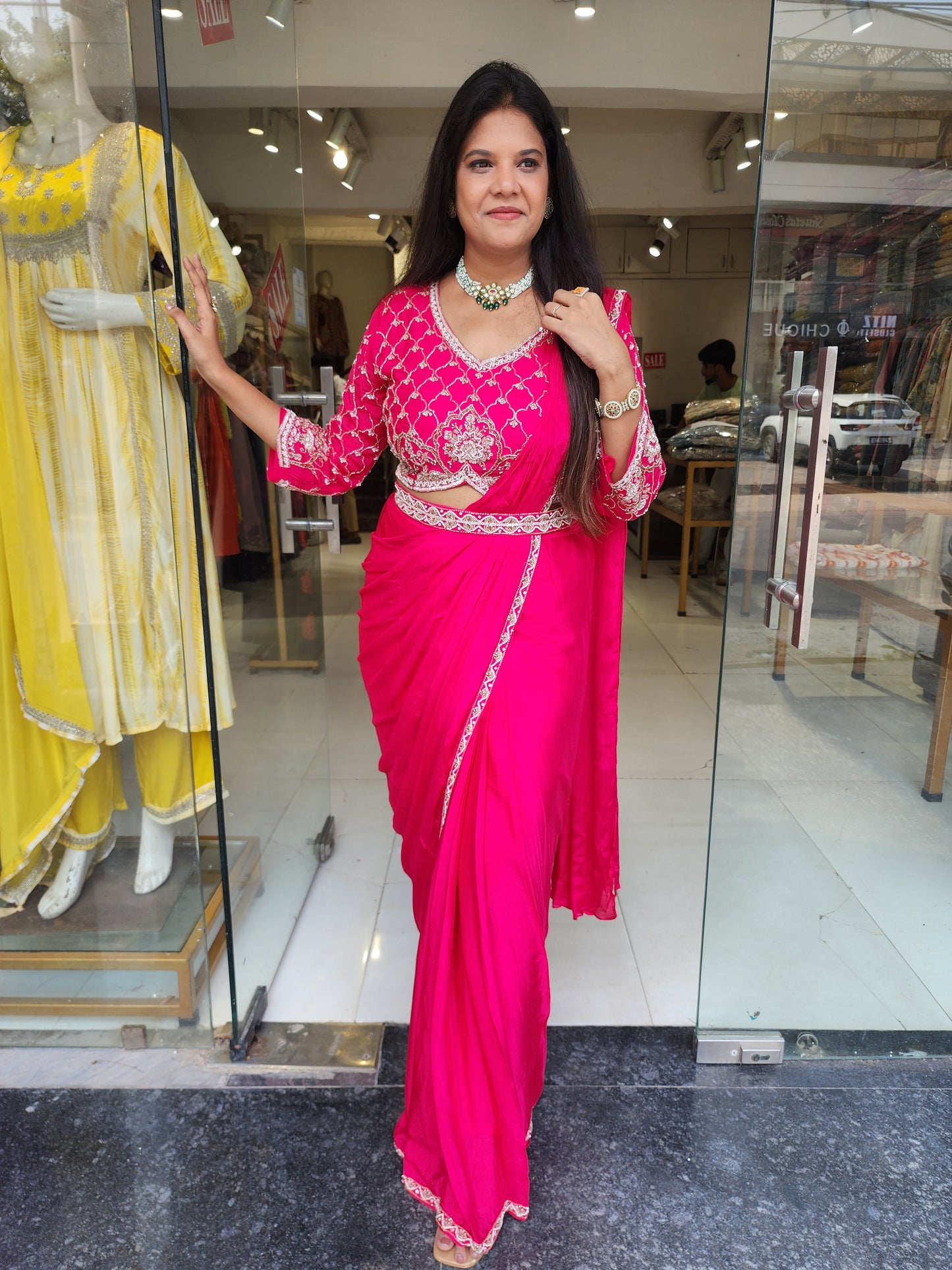 Hotpink drape Embroided saree with belt
