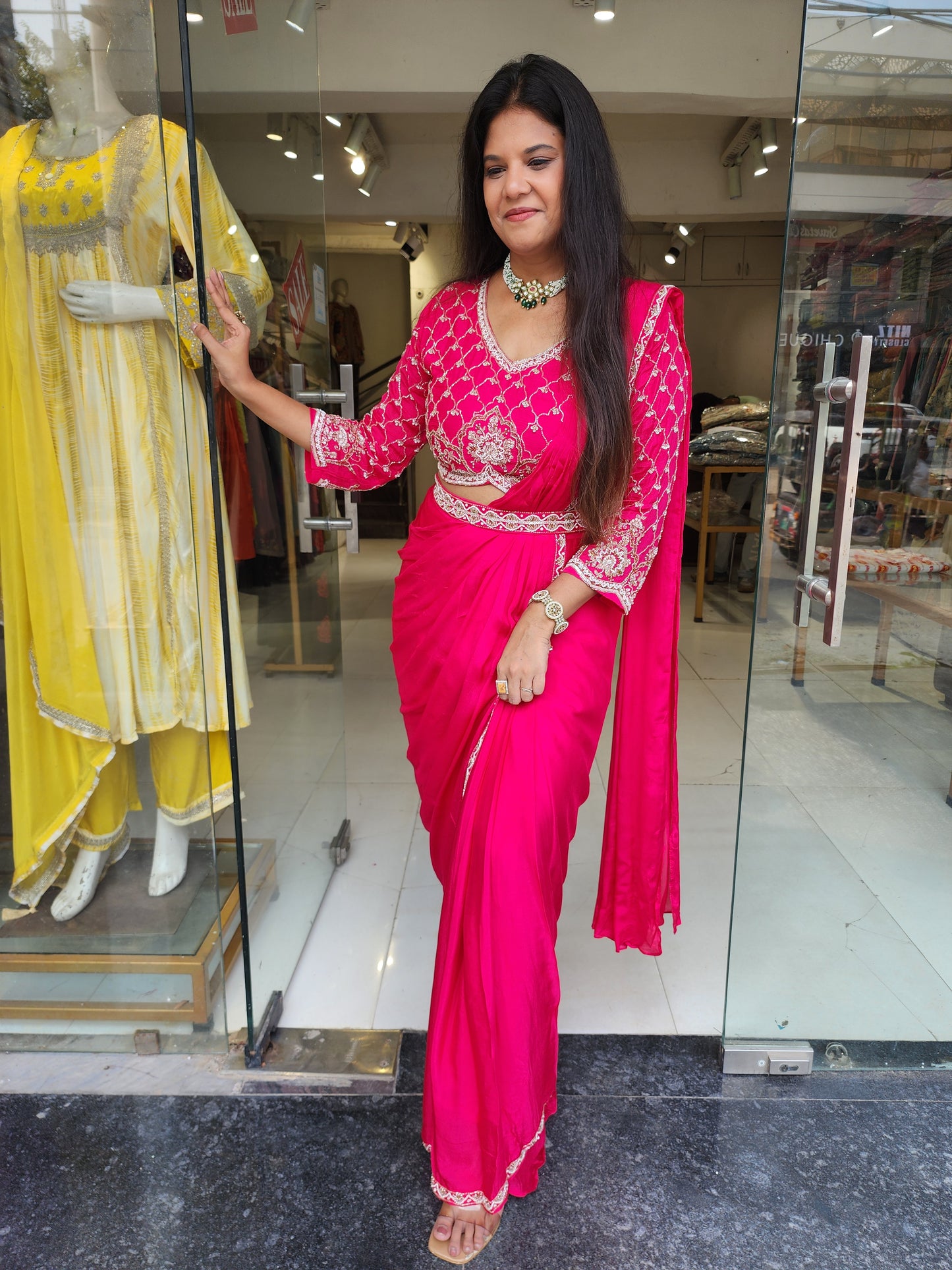 Hotpink drape Embroided saree with belt