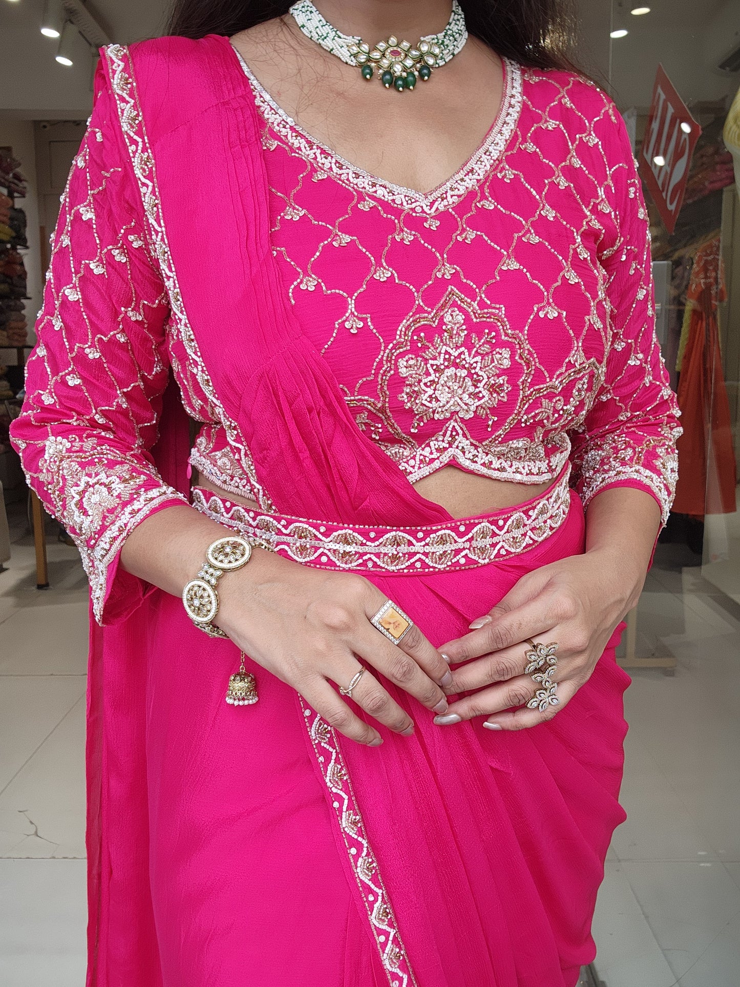 Hotpink drape Embroided saree with belt