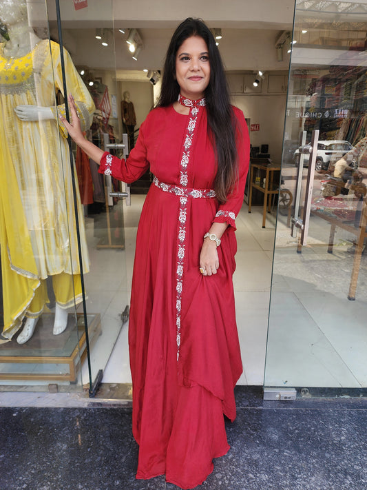 2 in 1 reddish maroon gown with drape and belt
