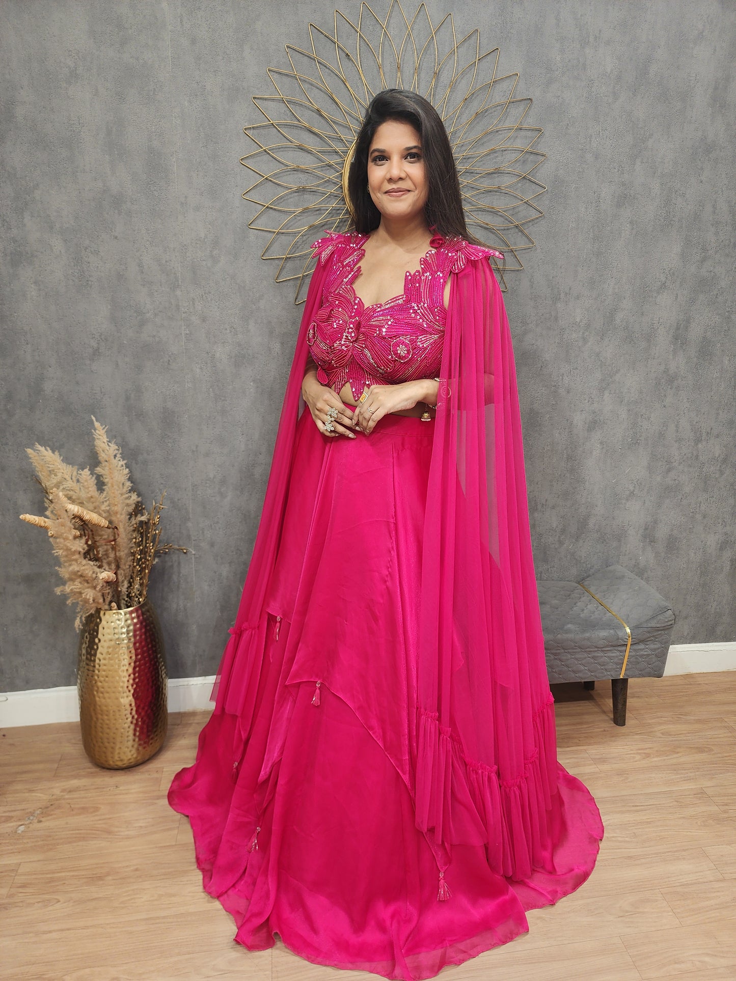 Pink butterfly sleeves indowestern lehenga