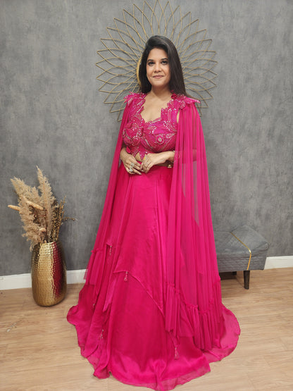 Pink butterfly sleeves indowestern lehenga