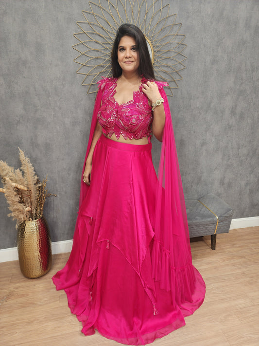 Pink butterfly sleeves indowestern lehenga