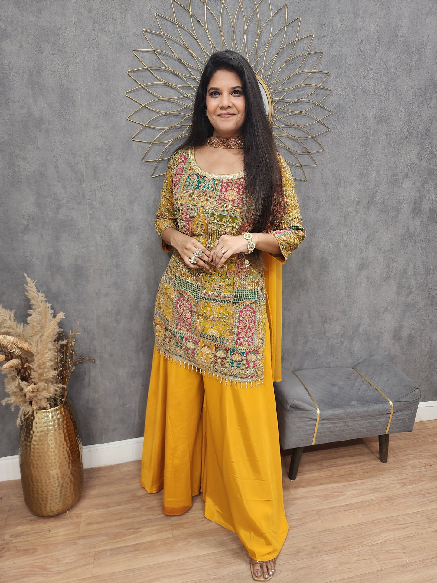Mustard yellow rajwada sharara suit