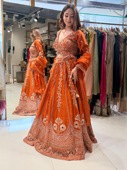 Jewel work raw silk lehenga set