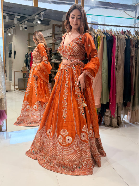 Jewel work raw silk lehenga set