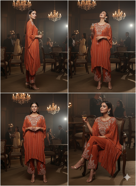 Designer rust orange kaftaan suit