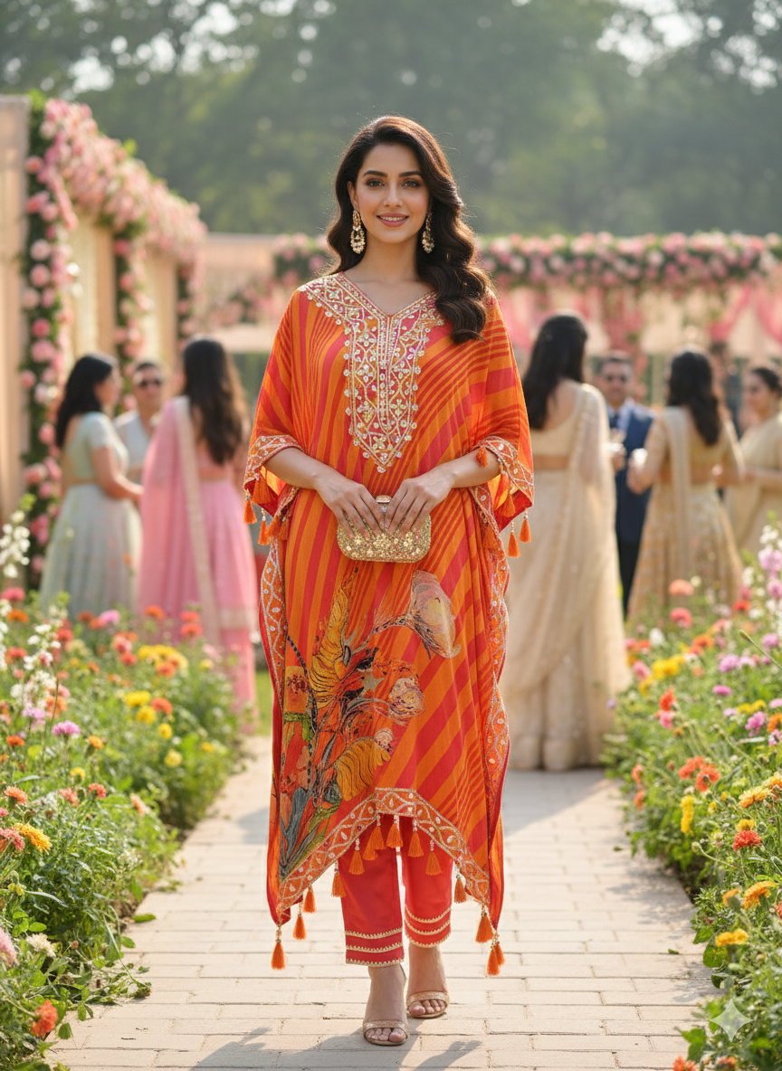 Mirror work kaftaan with gota detailing