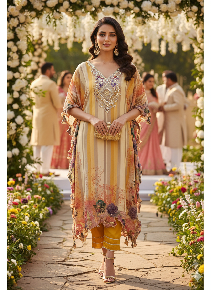 Multi colour cutwork kaftaan with pants