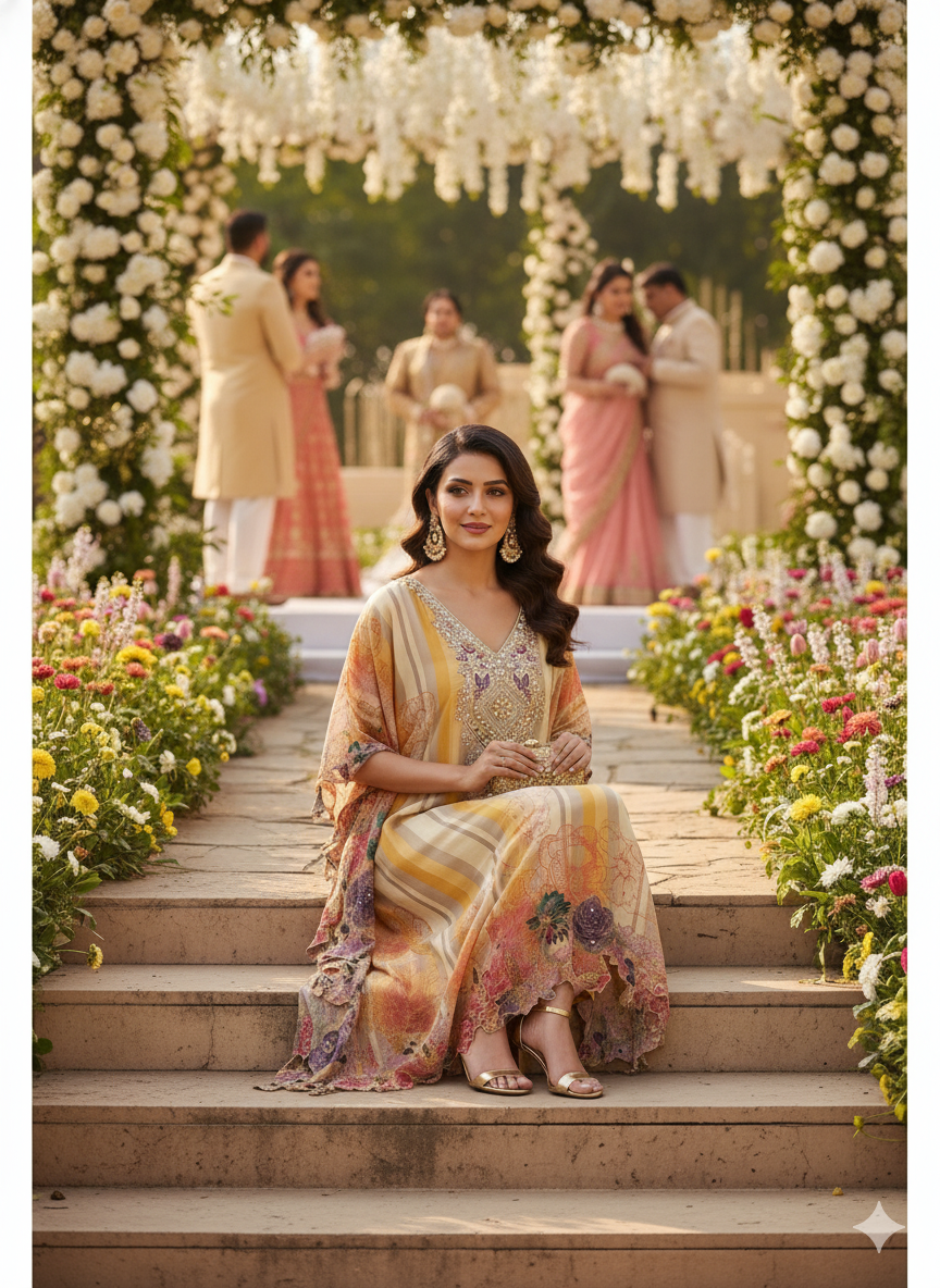 Multi colour cutwork kaftaan with pants