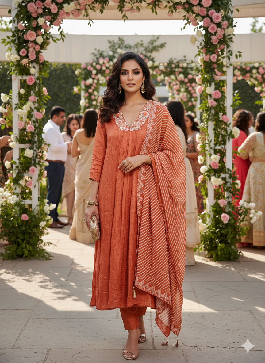 Rust orange A line suit with stripe dupatta