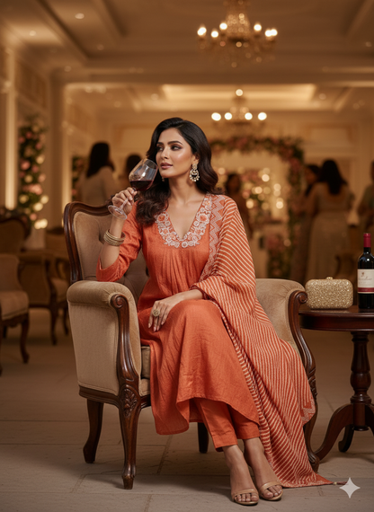 Rust orange A line suit with stripe dupatta