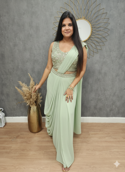 Shanaya light green drape saree