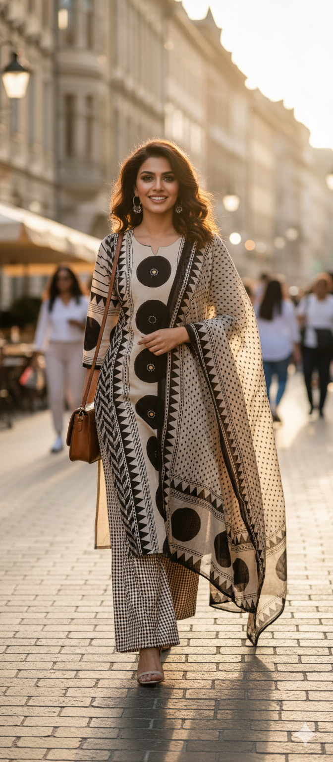 Black dotted cotton straight suit
