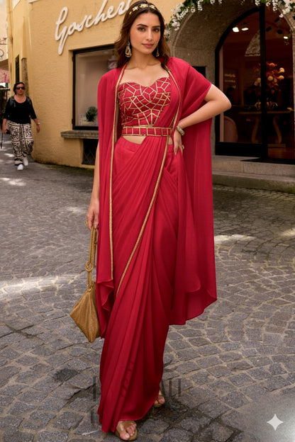 Designer girl cherry pink drape sarew